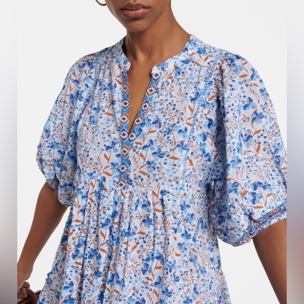 Poupette St Barth Aria Floral Tiered Puff Sleeve Dress in Blue and White Size XS - Picture 9 of 9